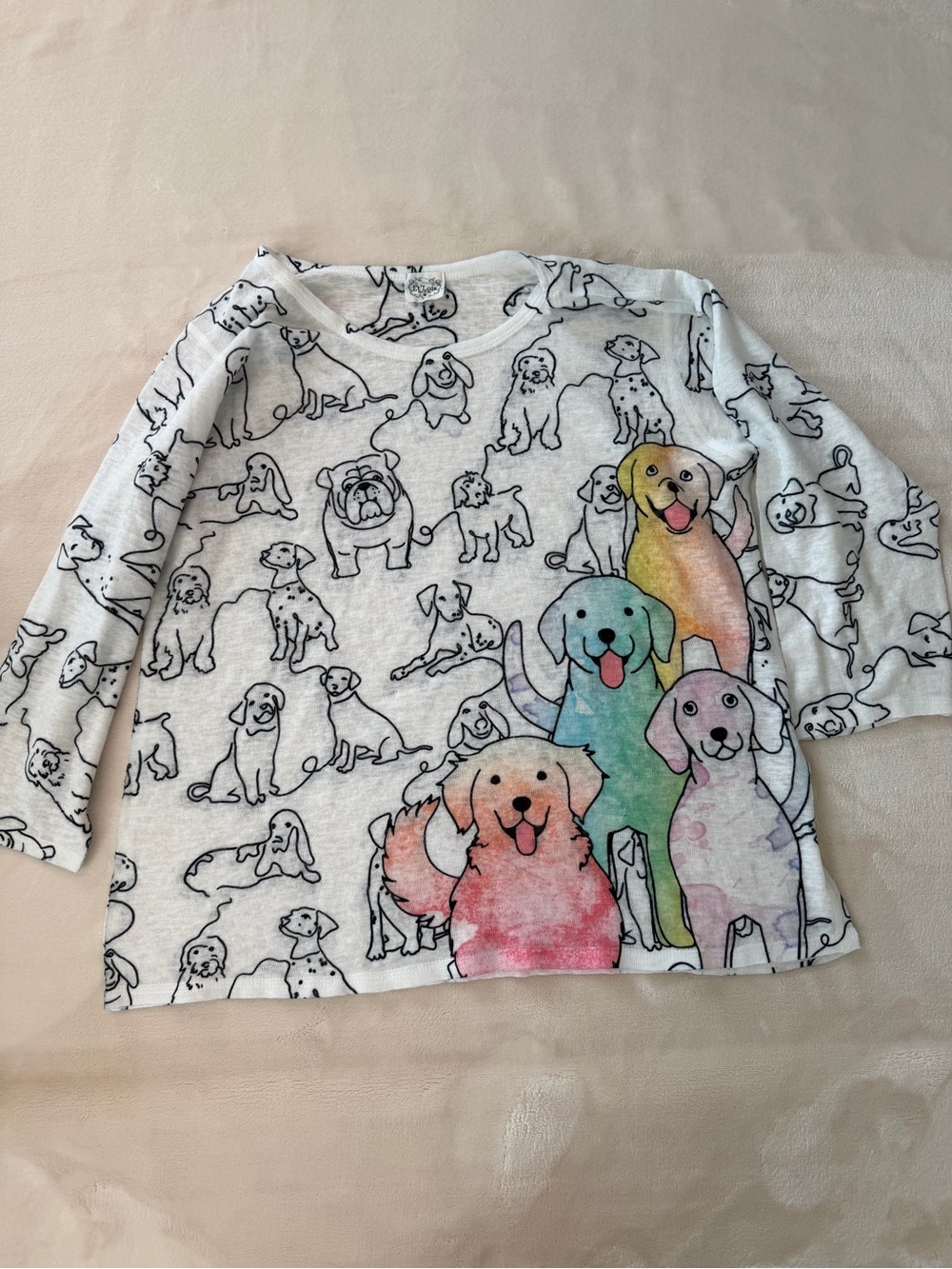Et' Lois Colorful Dog Print Long Sleeve Tee White Novelty made in USA Medium